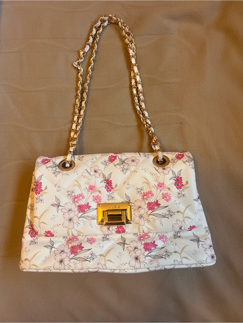 Aldo White Floral Quilted Shoulder Bag with Gold Chain